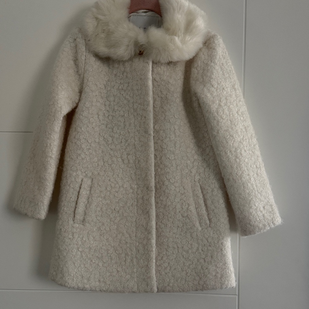 Cream Faux Fur Collar Wool-Blend Bouclé Coat